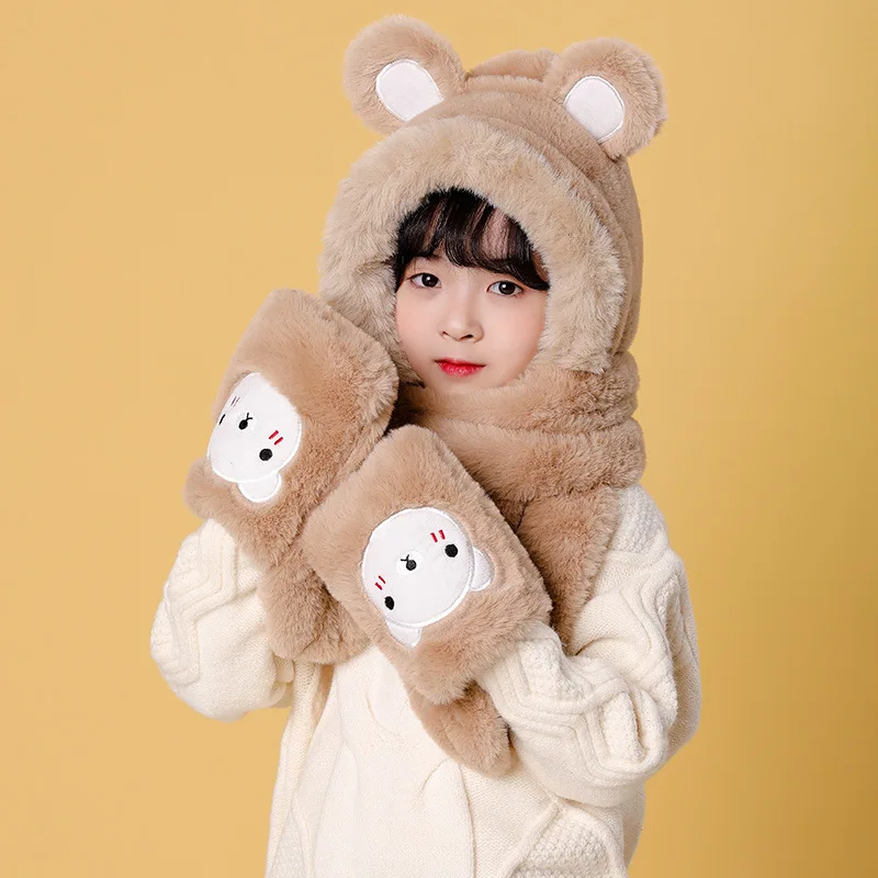 

3 шт. зимняя детская шапка шарф и перчатки в одном наборе, теплая плюшевая пушистая милая искусственная Ветрозащитная Балаклава с капюшоном для девочек 3-8 лет, рукавицы