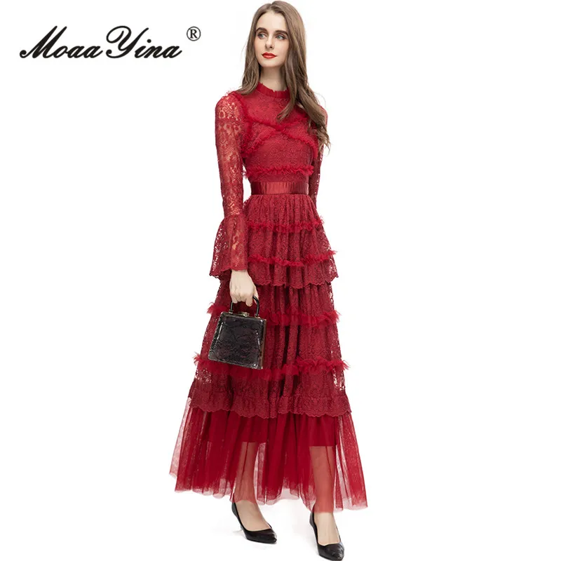 MoaaYina летнее модное дизайнерское красное винтажное вечерние платье для женщин с
