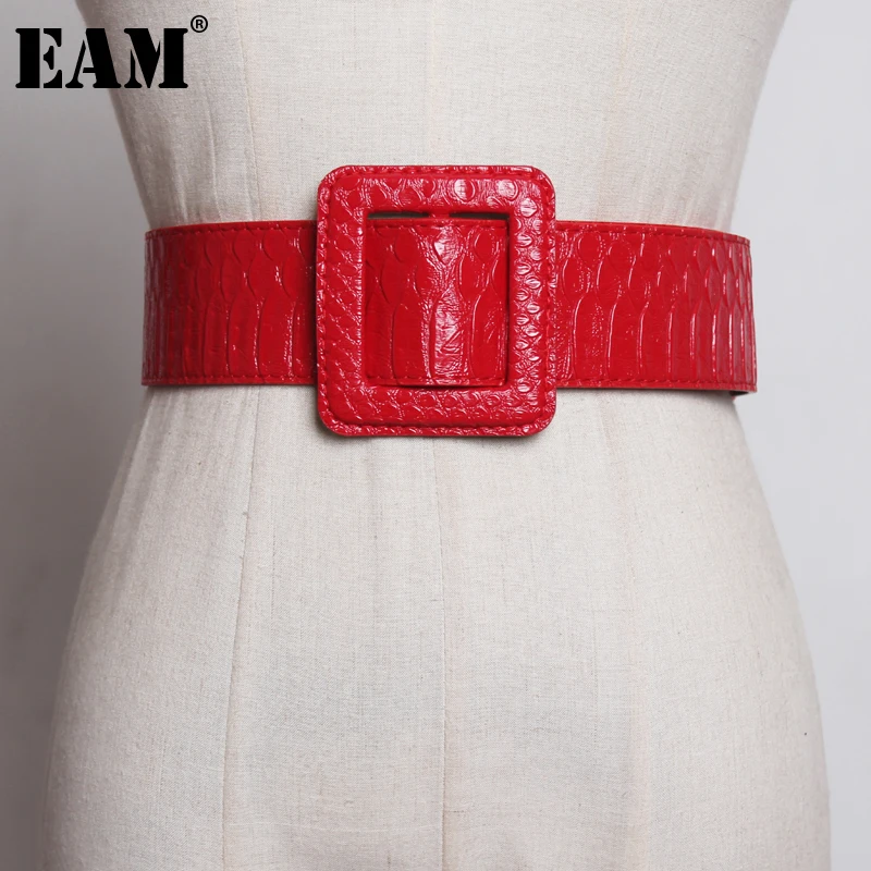 

[EAM] Pu Leather Red Square Buckle Long Wide Belt Personality Women New Fashion Tide All-match Spring Autumn 2023 1DF2093