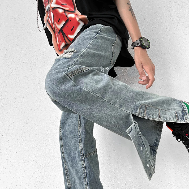 Men Jeans Retro Stitching Breasted Jeans Ripped Solid Color Straight Loose Jeans Korean Style Hip Hop Jeans Y2k Streetwear LOOSE