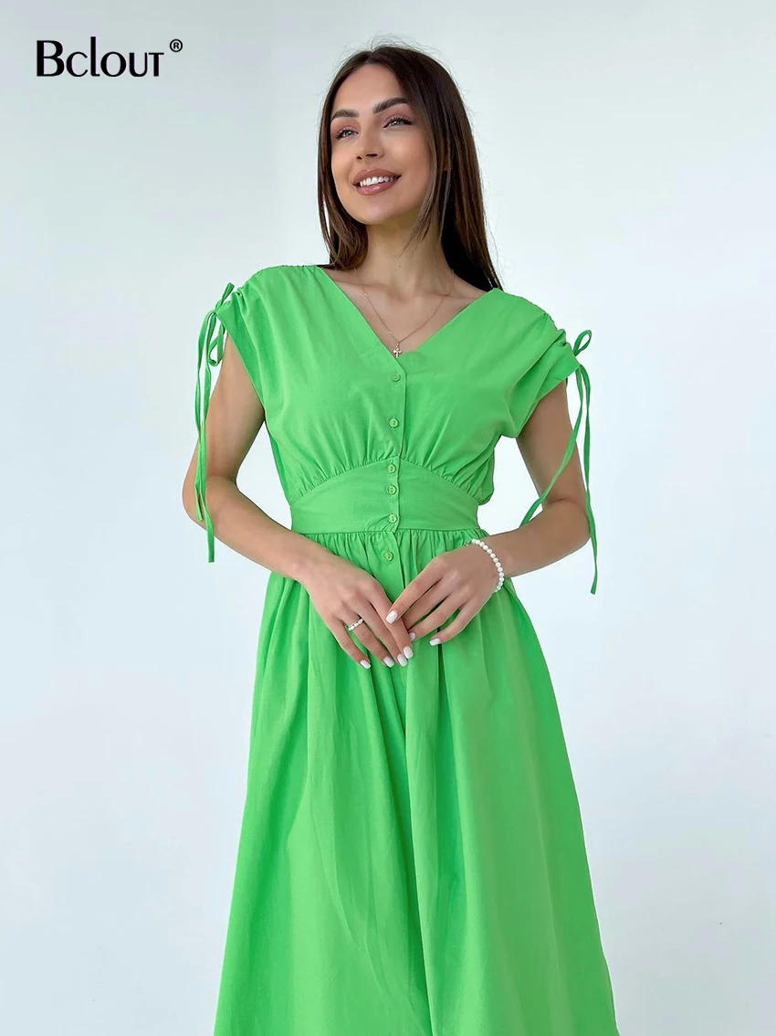 

Bclout Linen Green Dress Women Elegant V-Neck Drawstring Sleeveless Midi Dresses Summer High Waist Backless Robe Female Vacation