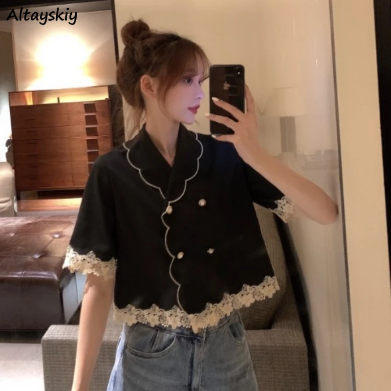 

Shirts Woman Casual Summer Lace Patchwork Sweet Cute Korean Style Fashion Ins Daily All-match Short Sleeve Ladies Retro New Tops
