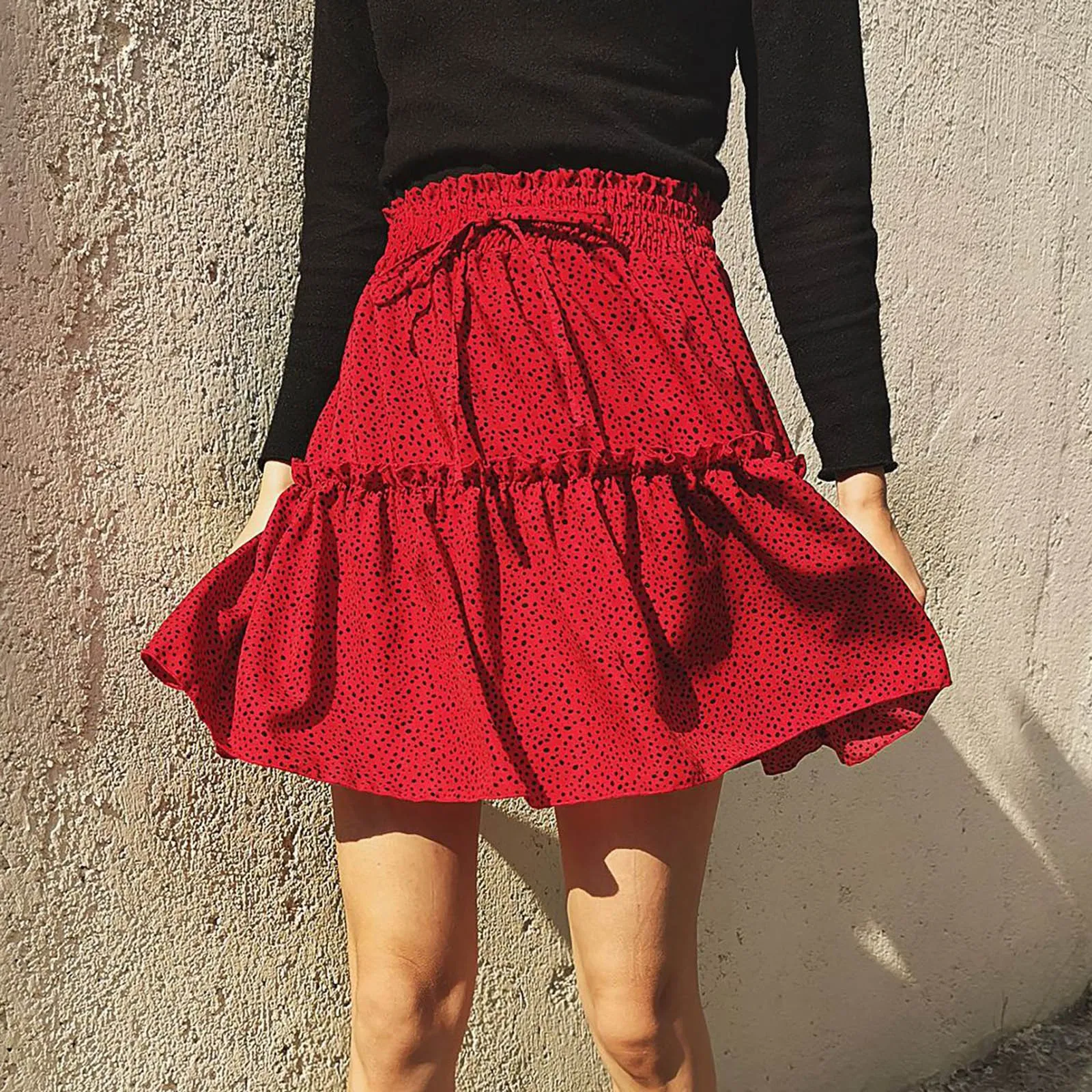 

Black Wrap Skirt Women's Summer High Waist Ruffle Tiered Mini Skirt Floral Printed A line Polka Dot Beach Chiffon Skirt Long