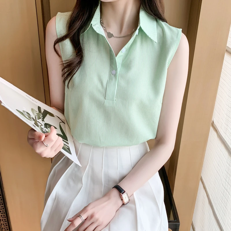 

Тонкие (лето) шифоновые женские топы без рукавов в полоску с V-образным вырезом Офисная Женская блузка с открытой стежкой внутри и снаружи ко...