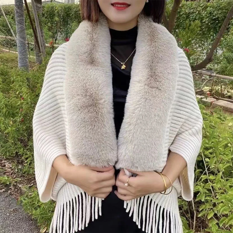 Women Winter Imitation Cashmere Shawl Scarf Lady Elegant Faux Fur Collar Capes Tassel Wraps Long Warm Wraps Cloak Poncho Tops