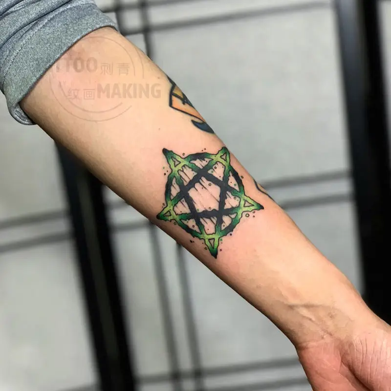 2 peças braço pentagrama redondo verde escuro impermeável longa duração tatuagem adesivos para mulher e homem