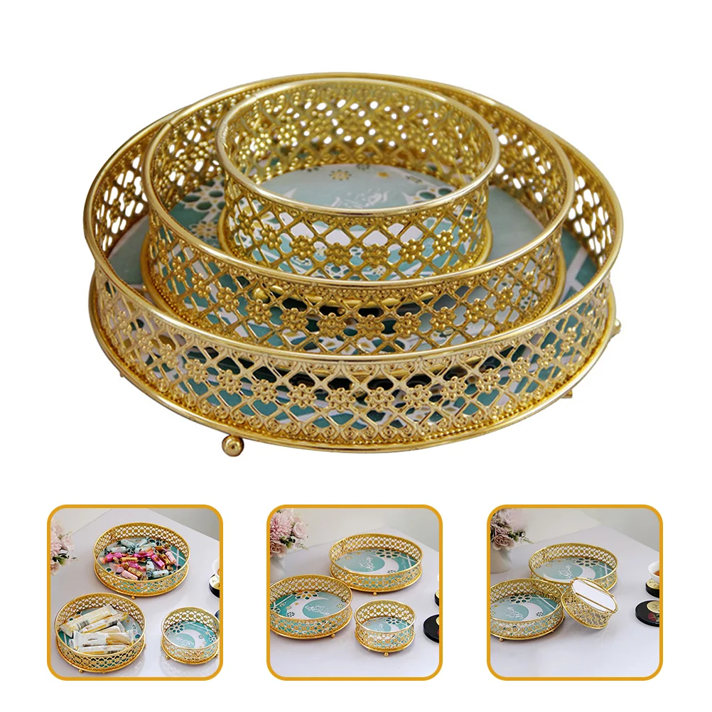 

3pcs Metal Snacks Storage Plates Dried Fruit Trays Candy Containers (Golden)