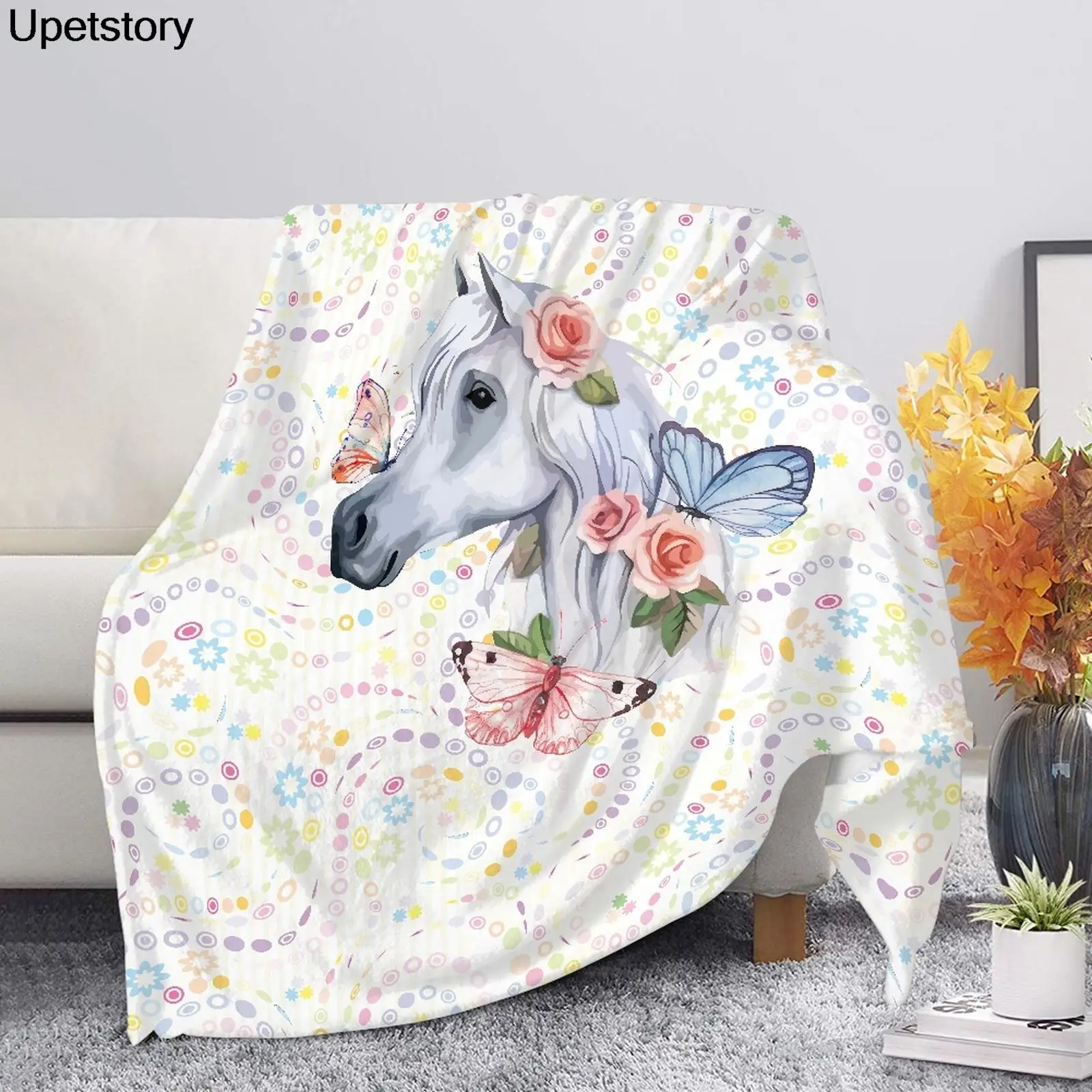 

Модное Флисовое одеяло Upetstory с принтом лошадей и цветов, детские толстые шерстяные одеяла, зимняя простыня, покрывало для дивана на заказ