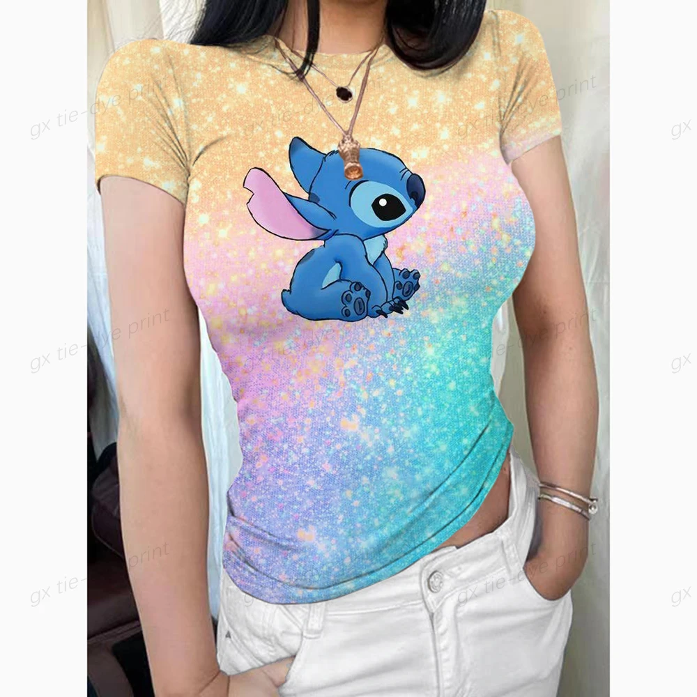 

2023 Brand New Womens T shirt O Neck Disney Stitch Print Short Women T-shirts Leisure Slim Short Sleeve Woman T-shirt Tops