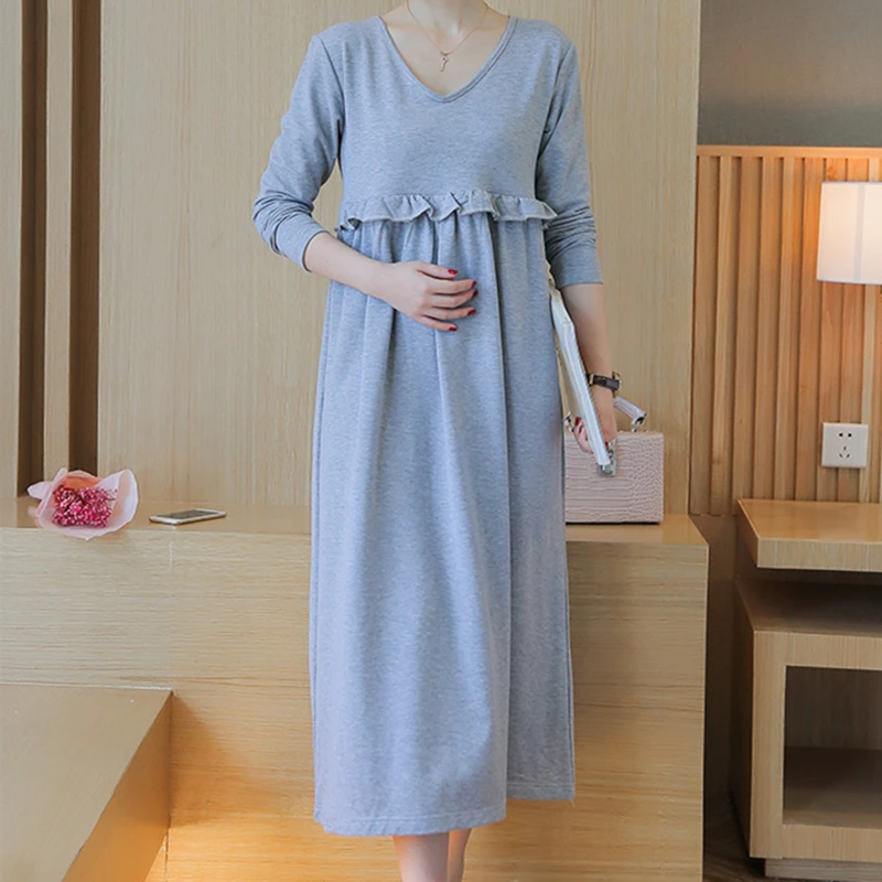 

Spring Autumn Maternity Gown Long Sleeve V-neck Ruffle Plus Size Dress Nursing Pragnancy Dresses Breastfeeding Maternity Dress