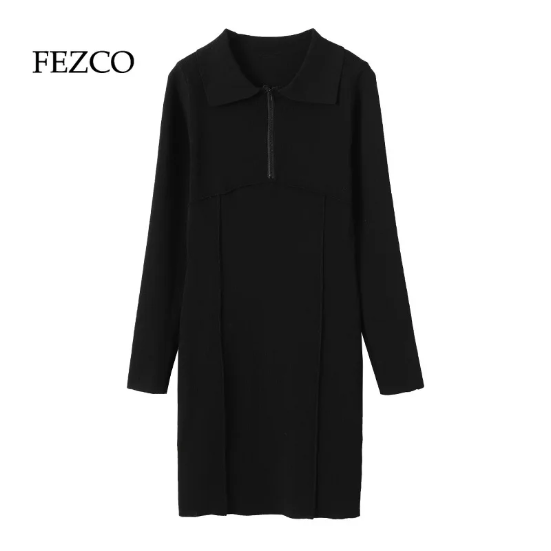 

FEZCO 2022 Spring Retro French Zipper Polo Neckline Black Knitting Buttock Wrapping Long Sleeve Women Dress Sexy Fashion Elegant