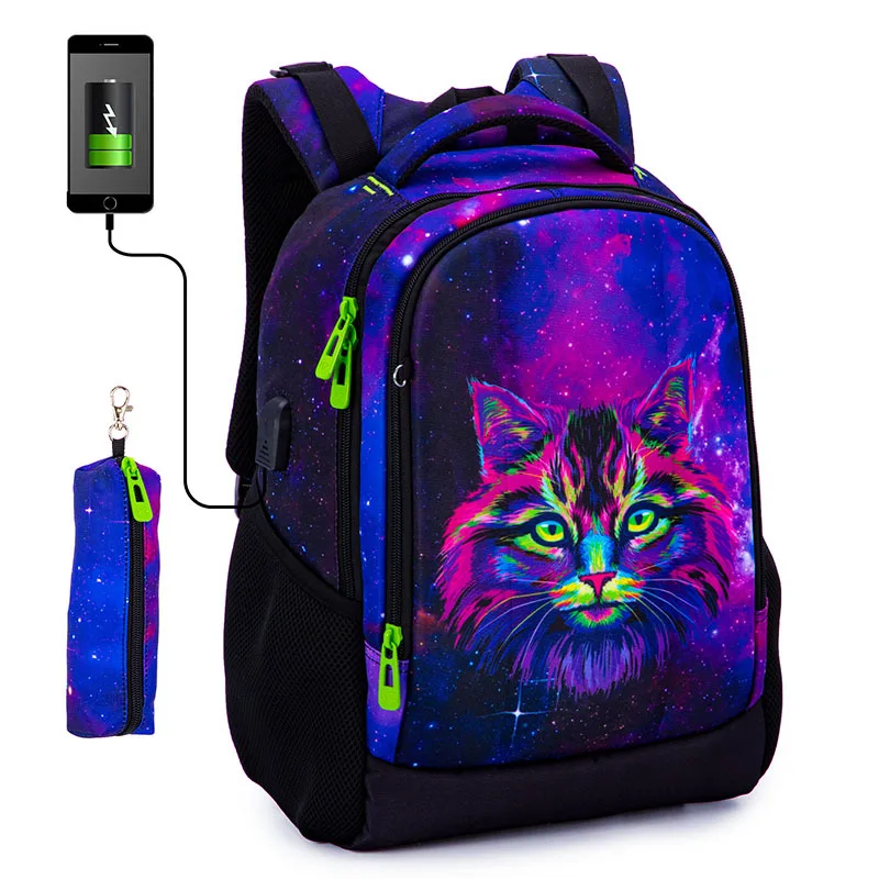 

Children Orthopedic School Bag With USB Charging Port Multifunctional Backpacks Girls 3D Cat Animal Prints Kids Bookbag Mochilas