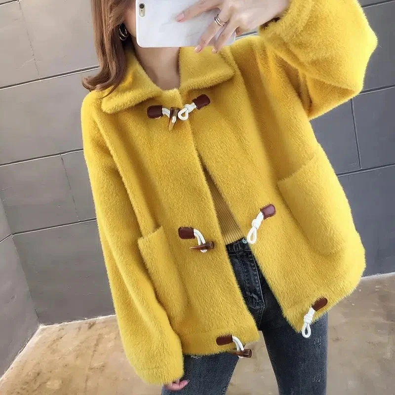 

New Spring Autumn Imitation Mink Knit Coat Women Sweater Cardigan New Cow Horn Buckle Loose Oversize Short Jacket Korean Outwear