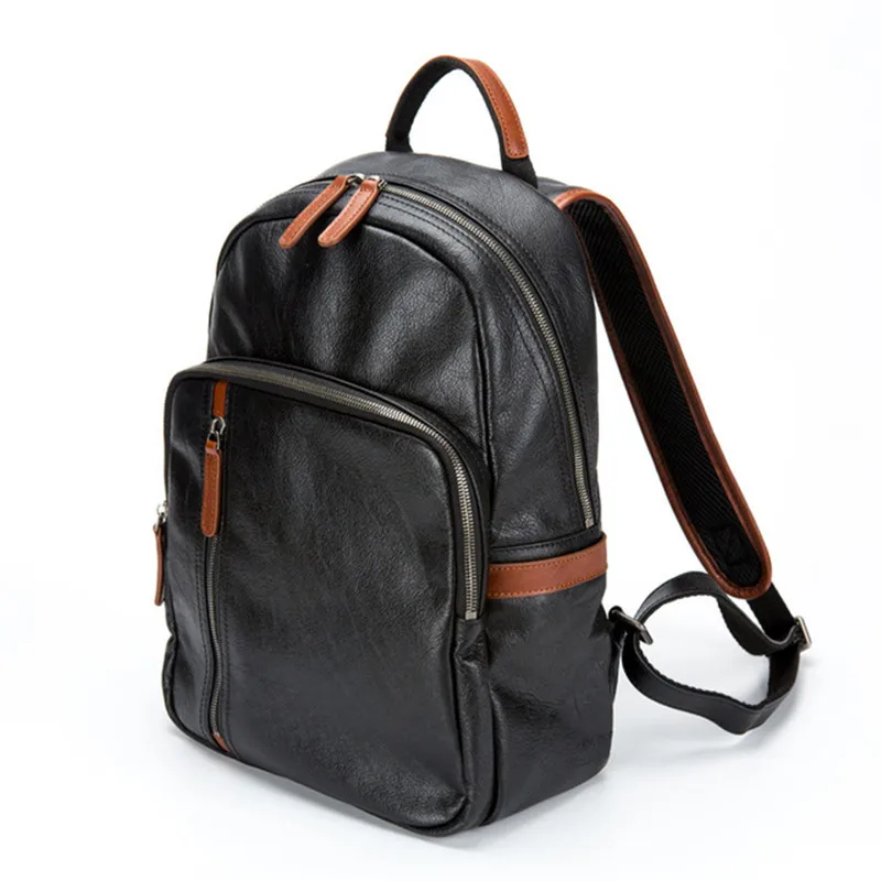 Fashion luxury first layer cowhide men hit color shoulder business computer backpack casual real leather outdoor school bag