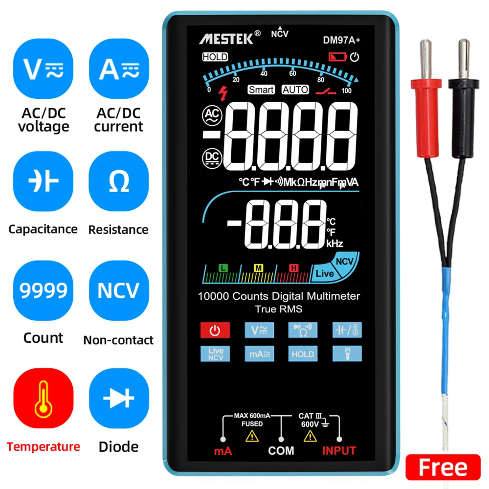 

Smart Multimeter Digital LCD Color Display DC AC Voltage Current Multimeters Capacitance Ohm Diode Multimetro NCV Hz Temp Teste