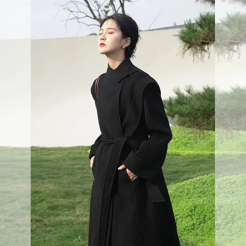 New Chinese Style Wind Tweed Coat Women'S Autumn Winter Advanced Plate Buckle Black Tweed Design Sense Long Coat High Quality