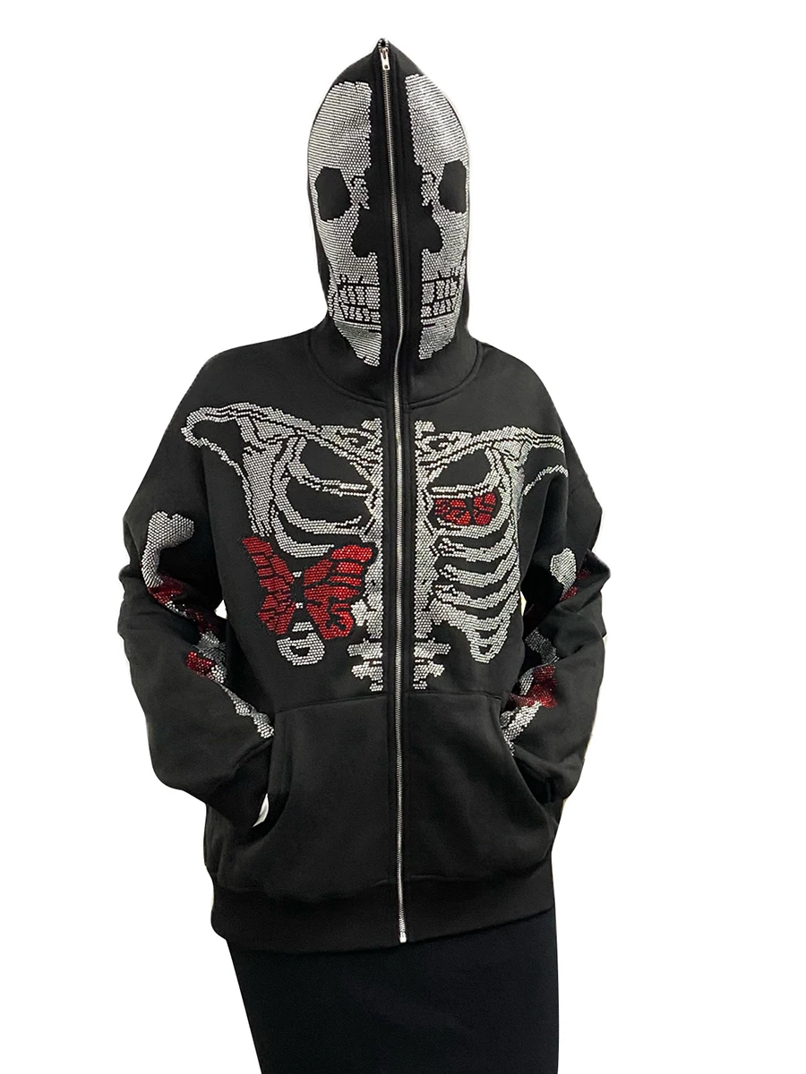 

Amiblvowa Womens Men Rhinestone Spider Web Graphic Hoodies Y2k Full Zip Up Over Face Gothic Skull Oversized Jacket Streetwear