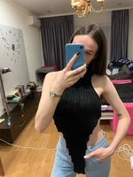 women fashion knitted worsted vest sexy sleeveless backless turtleneck irregular crop tops female high street style casual wear