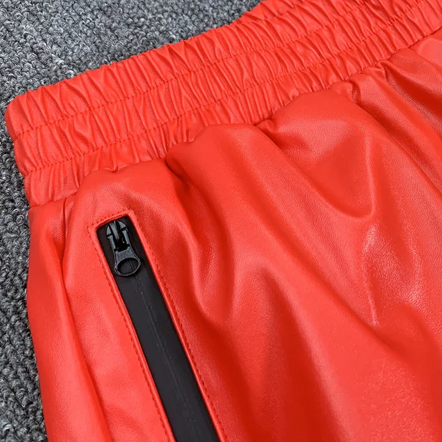 Streetwear Kylie Jenner Style Red Varnished Leather Trousers Baggy High Waist Shiny Sweatpants 6
