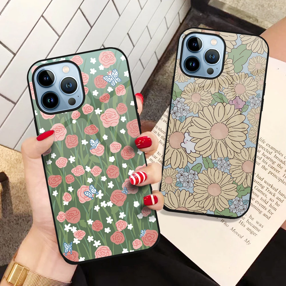 

Tempered Glass Flowers Floral Case for iPhone 14 13 12 11 Pro Max Mini XS XR X 7 8 6S Plus SE 2022 Luxury Cover Bumper Fundas