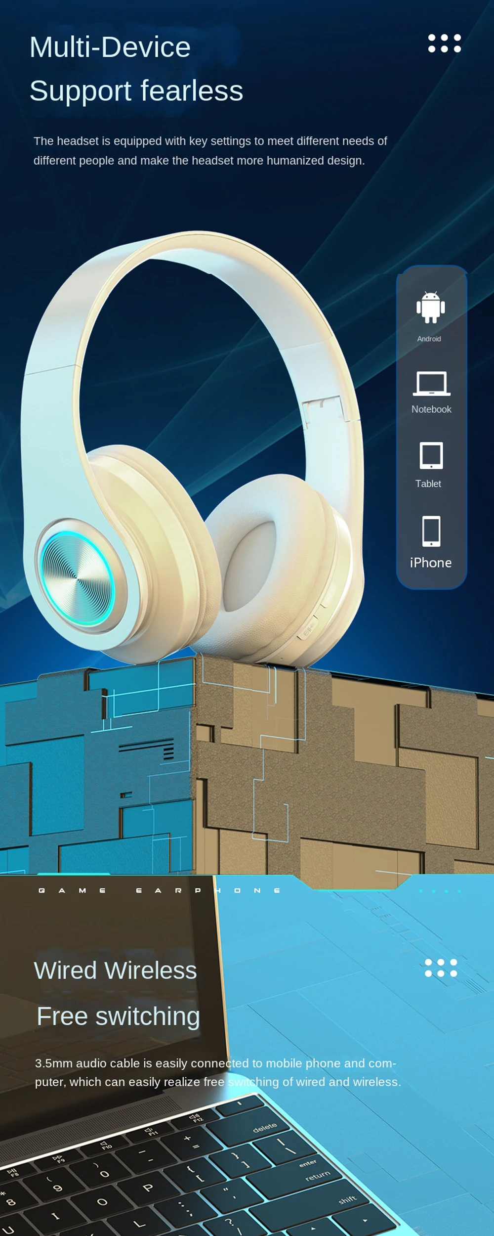 

Colourful Light Wireless Bluetooth Headphones Earphone Surround Sound Stereo With Microphone For Game music MP3 with MicroPhone