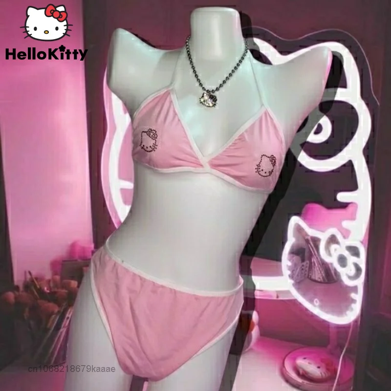 

Sanrio Hello Kitty Clothes Y2k Original Design Hot Drill Underwear Bra Set Women Pink Lingerie Halter Panties Sexy 2 Piece Sets