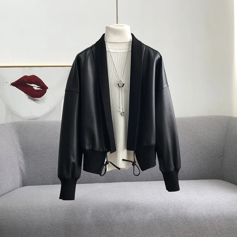 

Genuine leather jacket Women's short sheepskin jacket Korean version loose V-neck knitted cardigan jacket Autumn trend Top2023