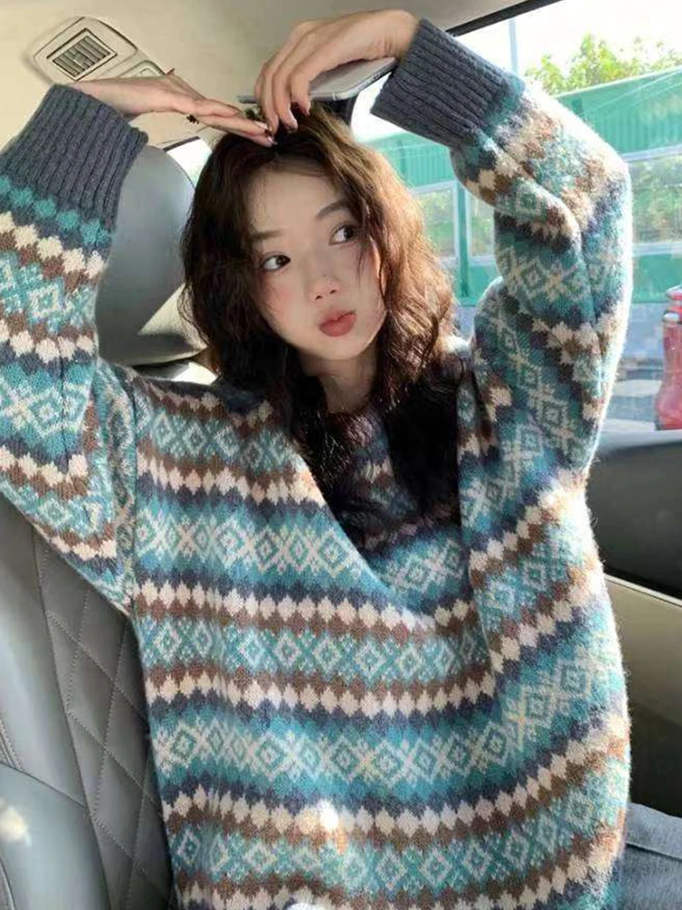 

Knitted Sweater Women Winter Blue Argyle Pullovers Female Round Neck Long Sleeves Tops Ladies Loose Jumpers Chompas Para Mujer