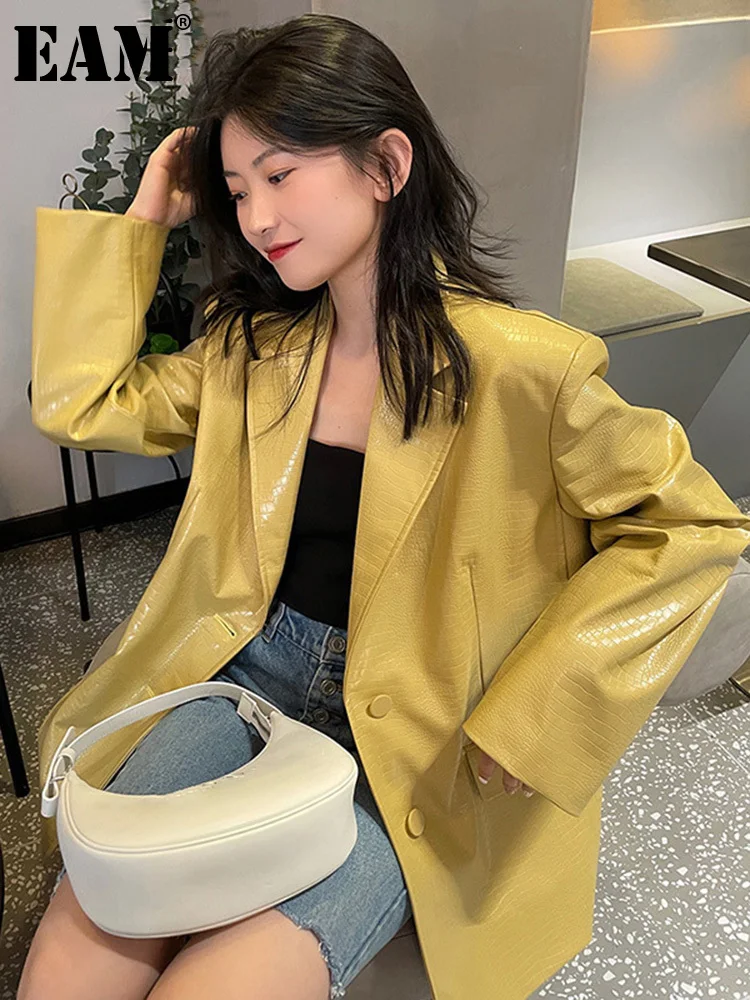 

[EAM] Women Yellow Pu Leather Big Size Blazer New Lapel Long Sleeve Loose Fit Jacket Fashion Tide Spring Autumn 2022 1DE0138