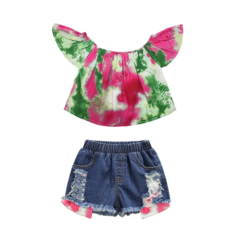 

Летний топ на одно плечо для девочек из 2 предметов, футболка с коротким рукавом, детская Милая футболка с цветочным принтом, джинсовые шорты...