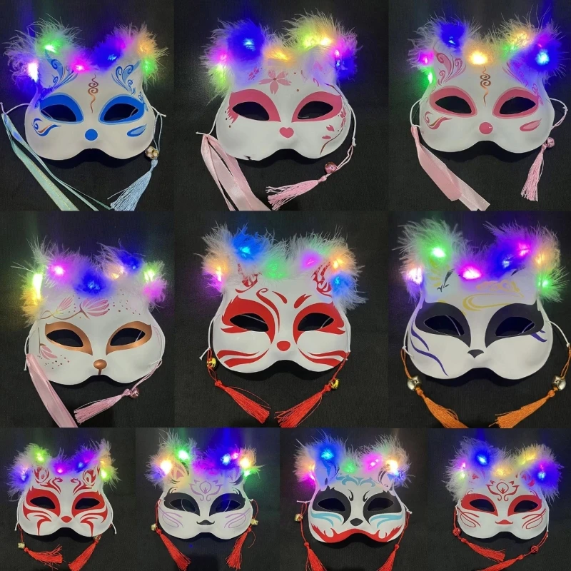 

Japanese Foxes Masks Anime Cosplay Costume Led Feathers Masks Foxes Half Face Masks Halloween Rave Party Props Kid Adult
