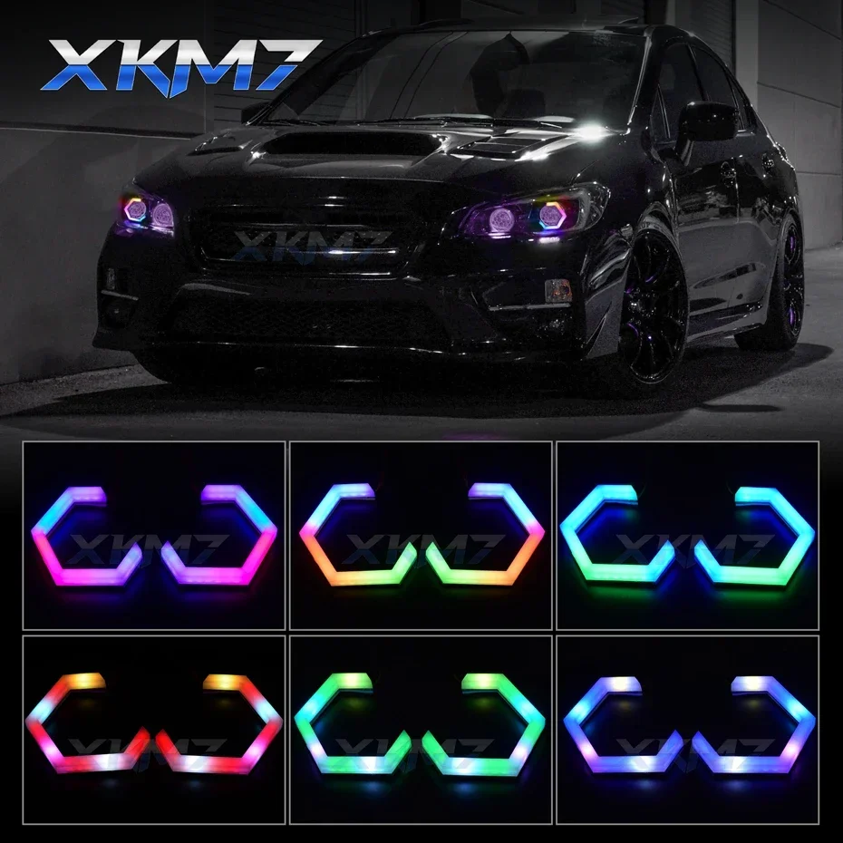 

RGBW динамические светодиодные глаза ангела шестигранный многоцветсветодиодный светодиод кольцо ореола последовательный поток вращающаяся фара Модифицированная приложение для управления смартфоном