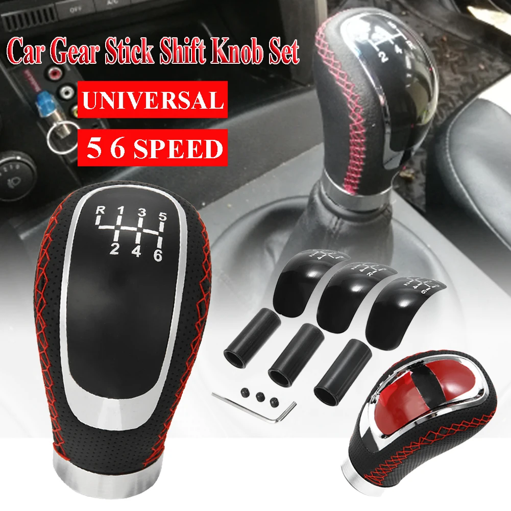 

5 6 Speed Genuine PU Leather Gearshift Universal Replacement Manual Car Gear Stick Shift Knob Set 96x50mm