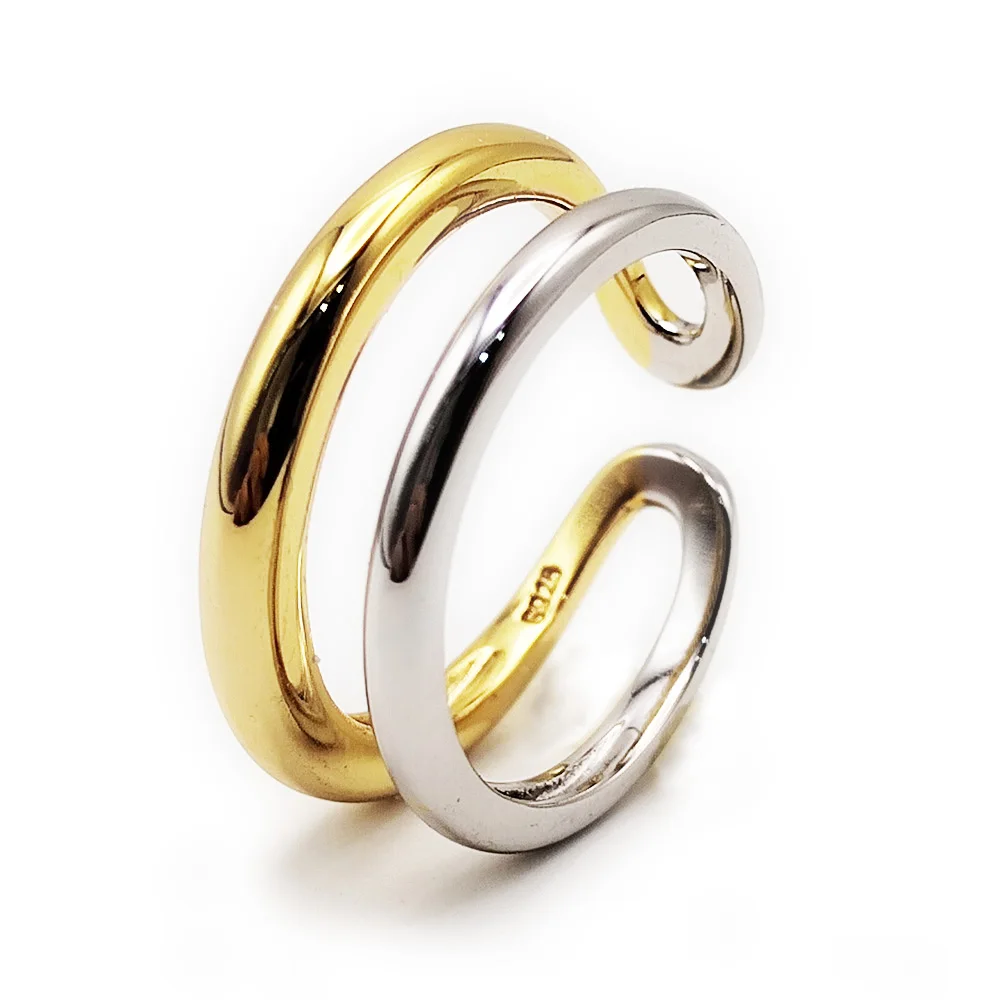 

Open Double Band Bicolor Ring Two Tone White and Yellow Gold Plated 925 Sterling Silver Fine Jewelry for Women Adjustable