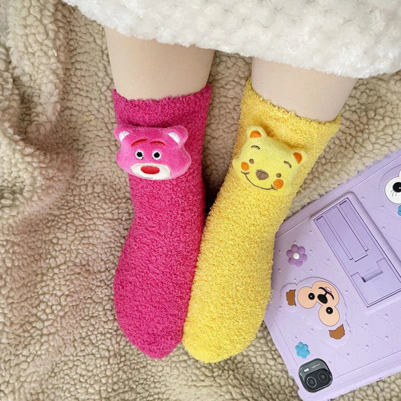 

Disney Anime Pooh Lotso Bear Mickey Medium Tube Socks Kawaii Kuromi Melody Winter Plush Women Socks Warm Floor Stockings Gifts