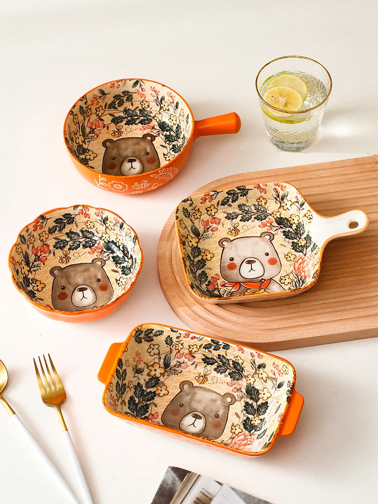 

Cartoon Dishes Set Household Tableware Plate and Bowl Ceramic Microwave Oven Bakeware with Handle Kitchen Dinnerware