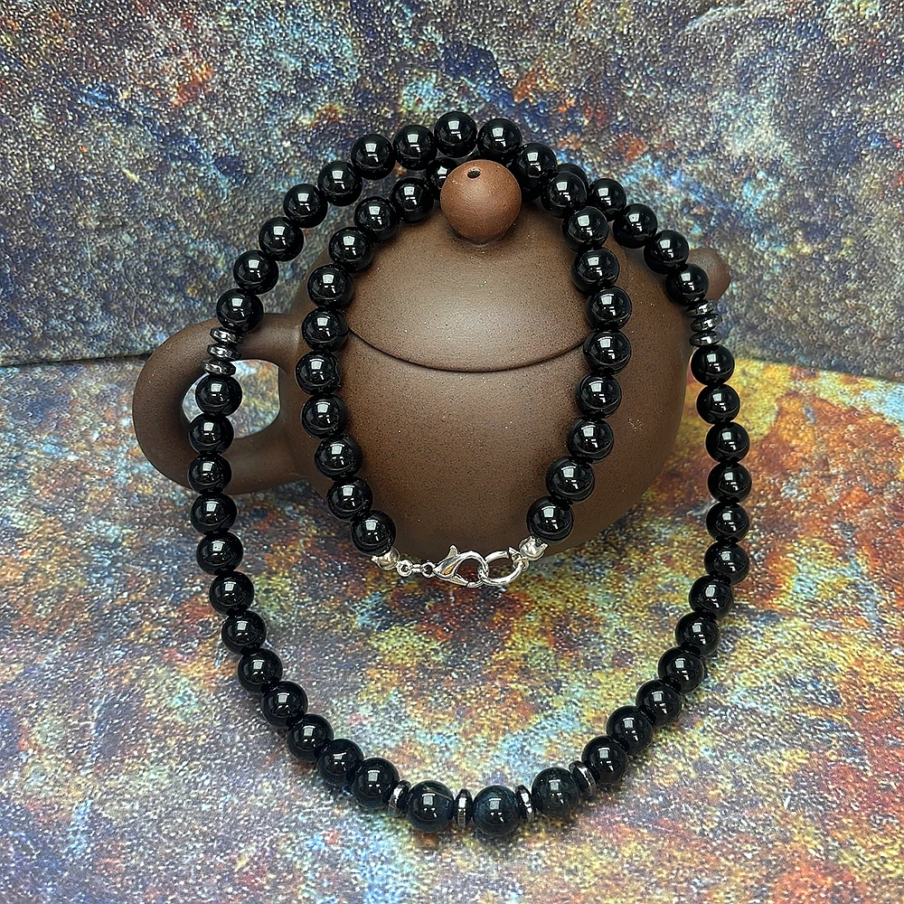 AAA черный тигровый глаз турмалин мужское ожерелье из бисера натурального камня