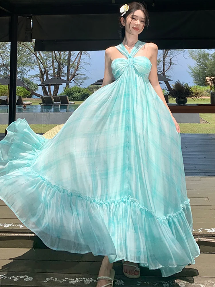 Новинка 2024 шикарное пикантное длинное платье в клетку на бретельках женское