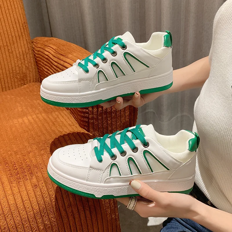 

Green Shoes for Women 2022 Summer New Mixed Colors Lace Thick Sole Shoes Casual Comfortable Women's Shoes PU White Sneakers