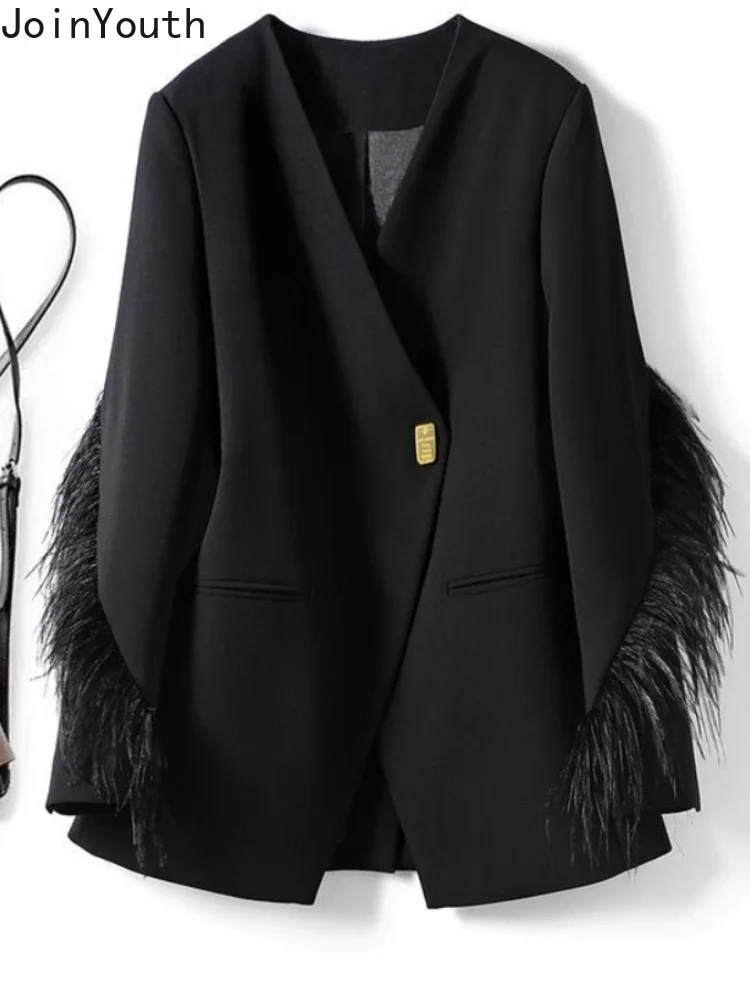Куртка женская оверсайз в Корейском стиле пиджак пэчворк с перьями модная