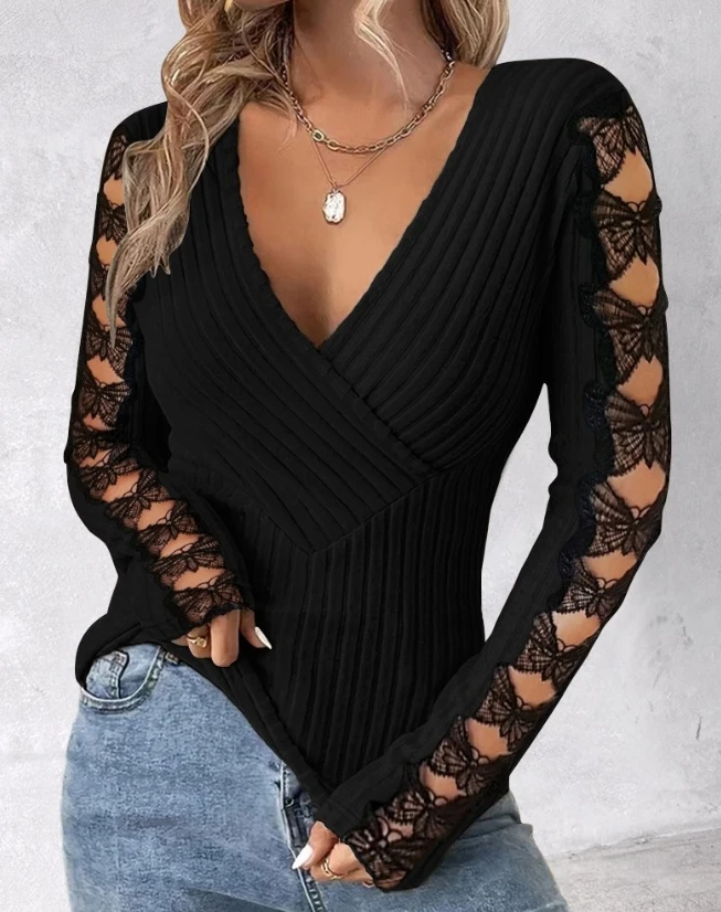 

Women's Elegant Knitted Tops 2023 Butterfly Pattern Hollow Out Criss Cross Lace Top V-Neck Long Sleeved Daily Knit Pullover Top
