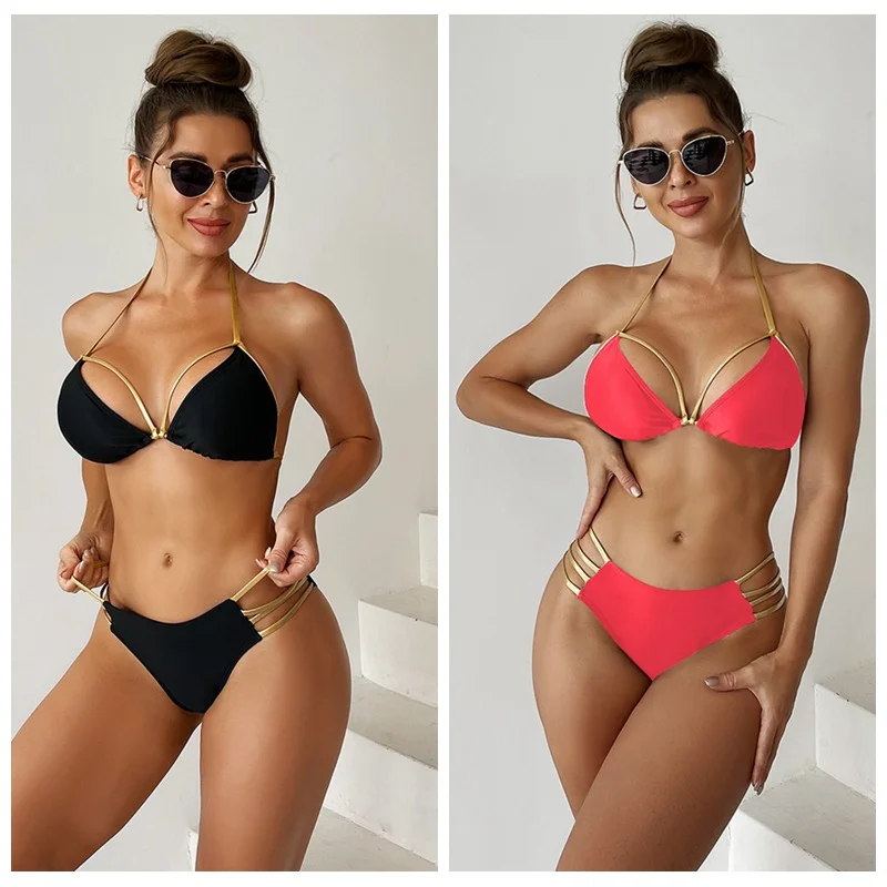 

Women High Waist Sexy Bikini Design Strap Hollow Elastic Solid Color Underwear Set with Chest Pad 2-Piece Set 2023 Summer New