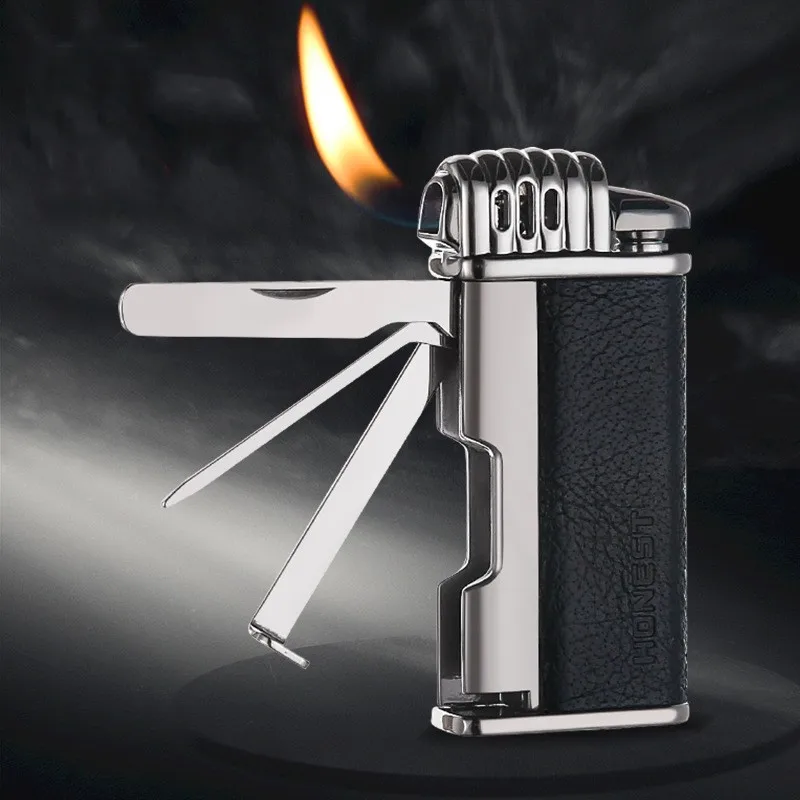 

HONEST Pipe Dedicated Gas Lighter Classic Angled Out Open Flame Turbo Torch Comes With Smoking Tool Leather Splice Body