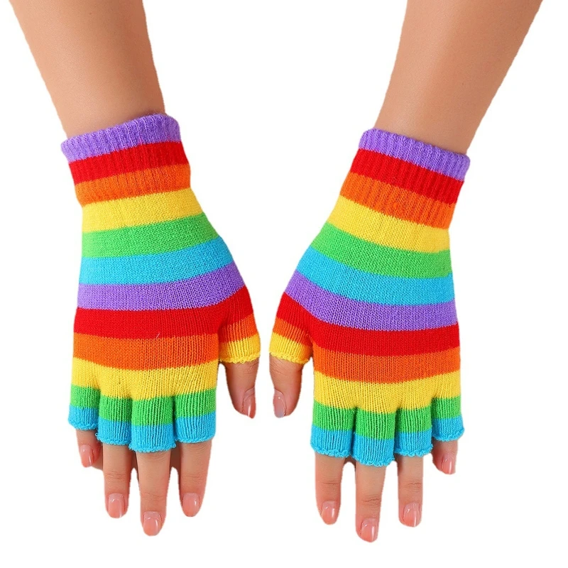 

Striped Fingerless Gloves Rainbow Gloves Fingerless Split Finger Gloves