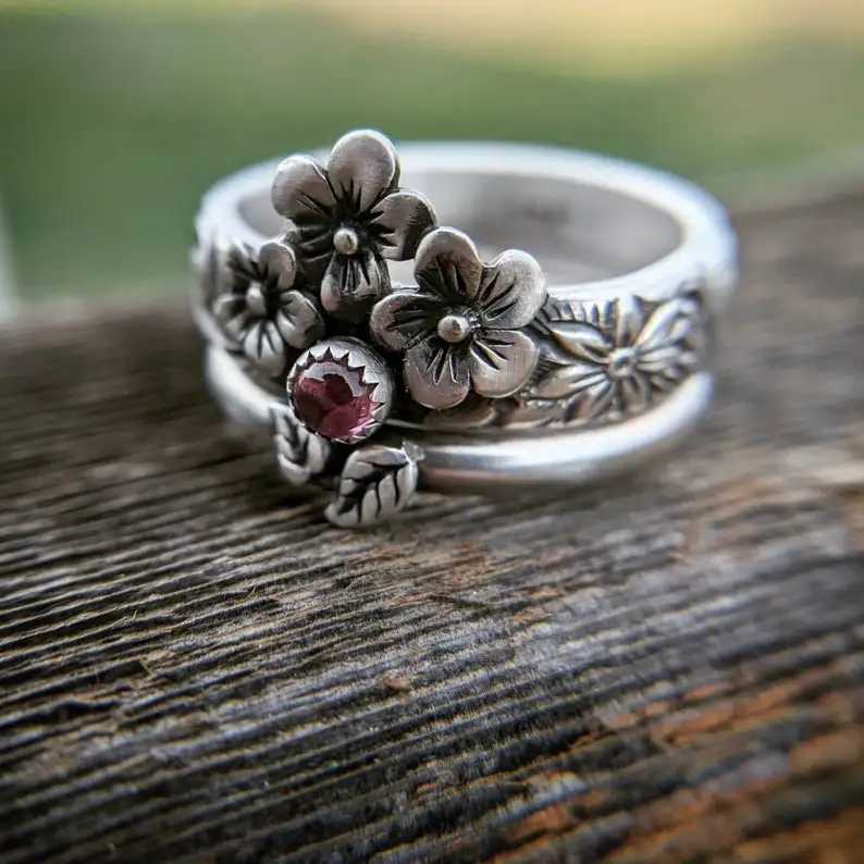 

Silver Ring Set, Stacking Ring Set, Boho Wedding Ring, Pink Tourmaline Ring, Flower Silver Ring, Promise Ring