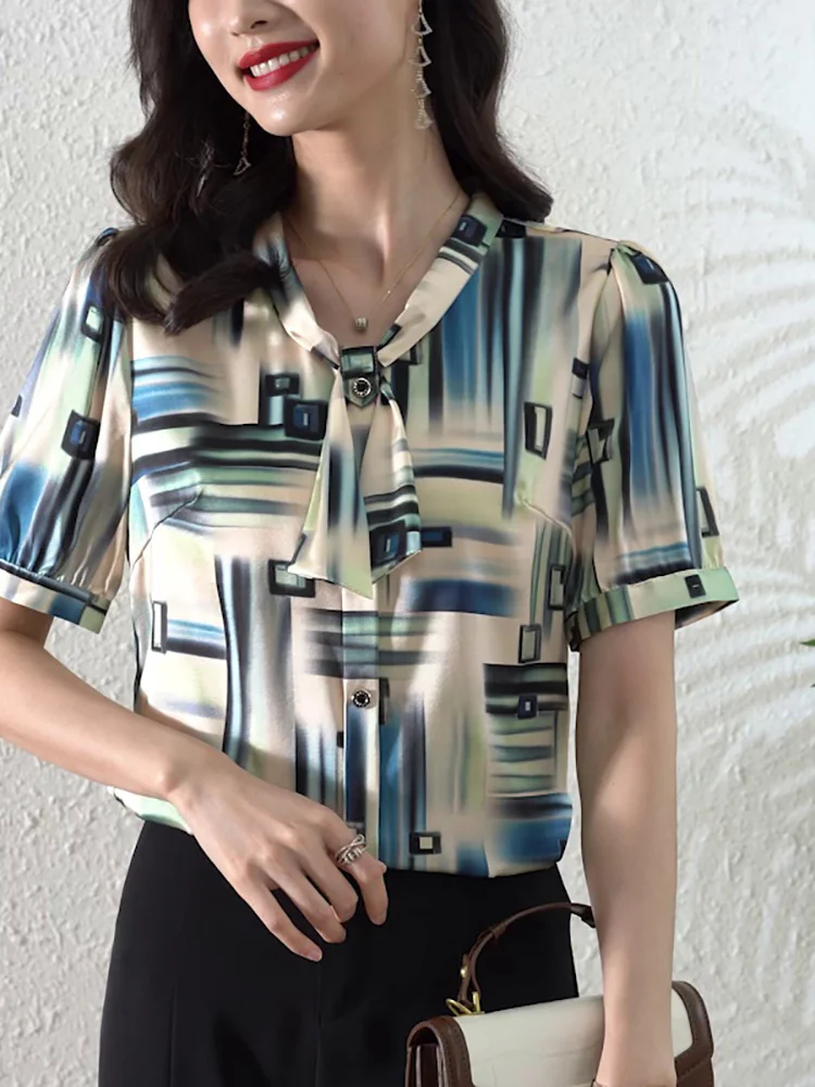 

EVNISI Fashion Printed Satin Blouse Women Scarf Collar Loose Top Summer 2022 New Casual Office Lady For Women Blouse