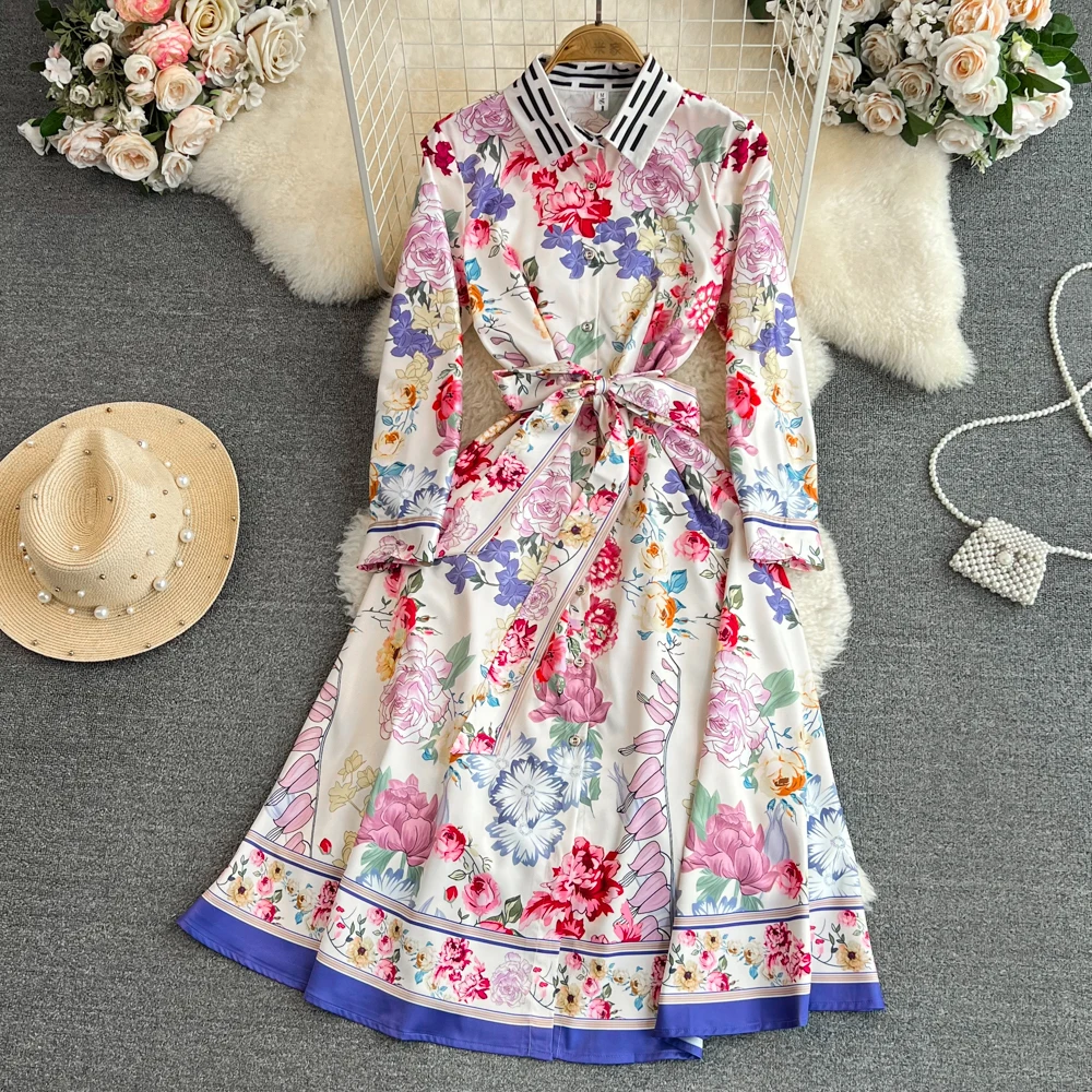

Runway Fashion Spring Print Midi Shirt Dress For Ladies 2023 Elegant Woman Long Sleeve Single Breasted Casual Vestido Belt A2034