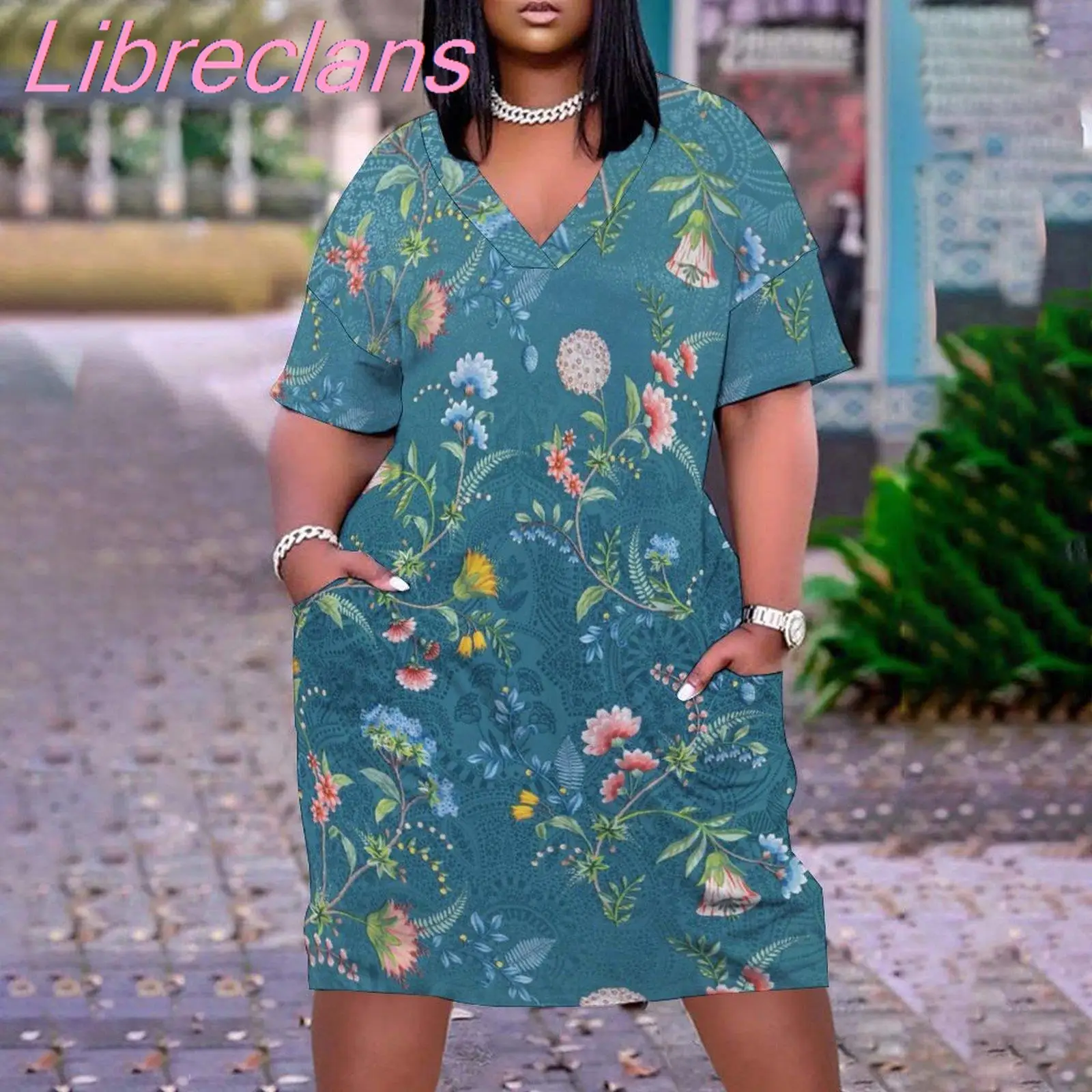 

Summer Dress Elegant Women's Party Short Sleeve Floral Long Vintage Fashion Female Dress V-Neck Casual Beach Dress