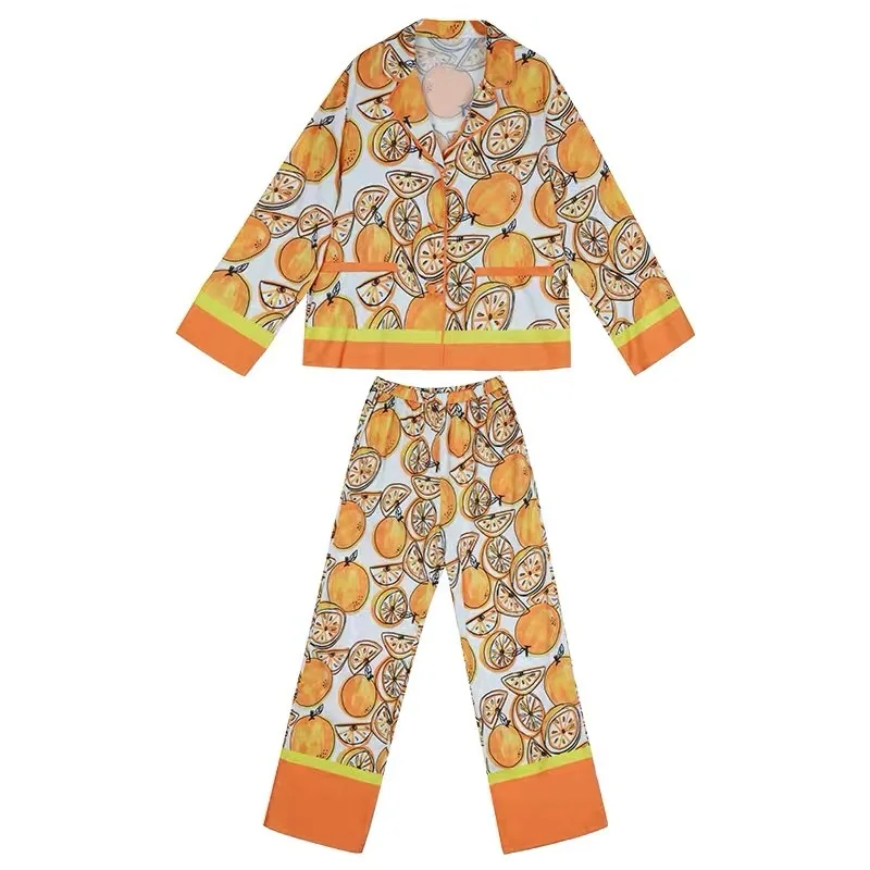 Women's Orange Print Pajama Set Satin Silk Sleepwear Long Pants New Two Piece Suit Spring Summer Lingerie Homewear for Female