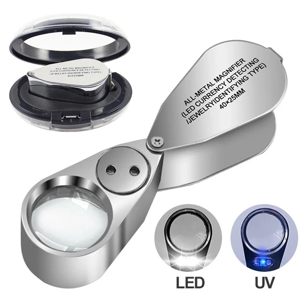 40X Mini Jewelry Magnifying Glass With LED UV Light Foldable Magnifier Portable Handheld Eye Magnifier Glass 25mm Jewelry's Loup